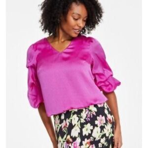 Vince Camuto Fuchsia Pink Ribbed Ruffle Sleeve V Neck Blouse Top XL NWT